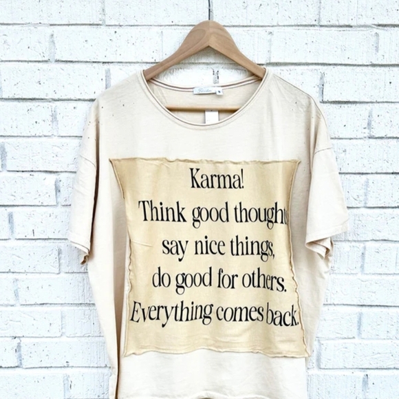 I Love Linen Tops - I Love Linen Karma Oversized Patchwork Graphic Tee